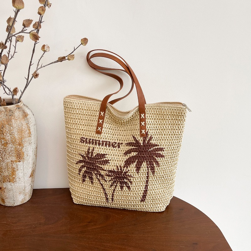 Embroidery Bali - Tas Anyaman Jerami Bordir Pohon Kelapa