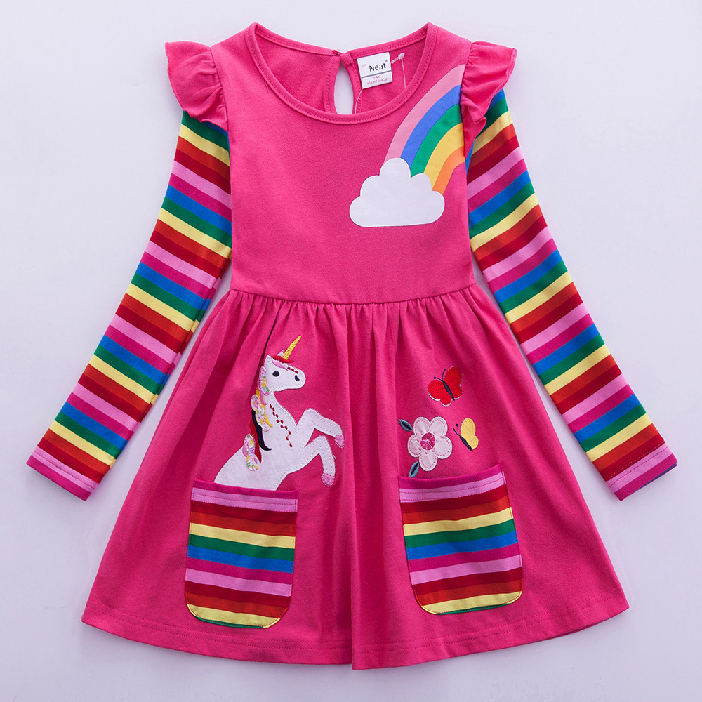 Embroidery Unicorn - Gaun lengan panjang anak perempuan, gaun