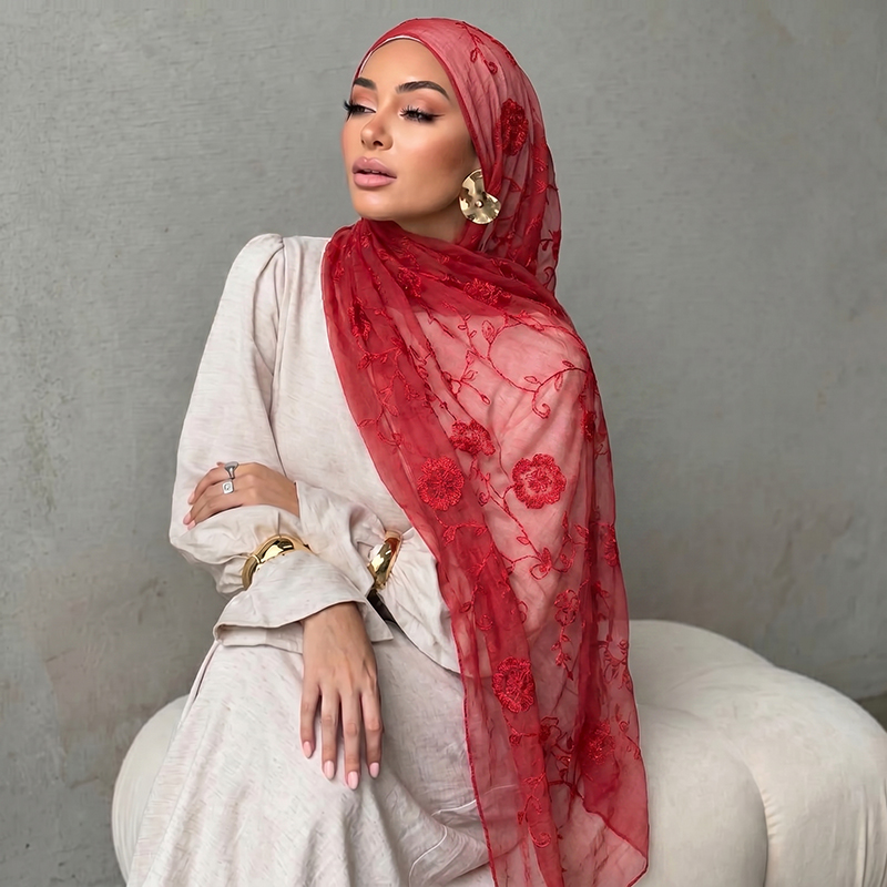 Embroidery Shawl - Hijab Muslim Bordir Bunga, Kerudung Tipis