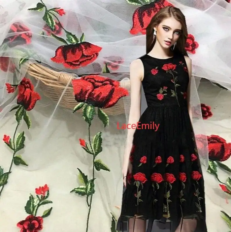 Embroidery Roses - Kain Renda Mawar Merah Bordir Bunga