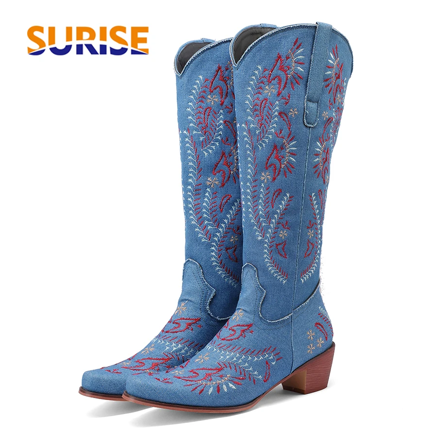 Embroidery Jeans - Sepatu Bot Setinggi Lutut Cowgirl Barat