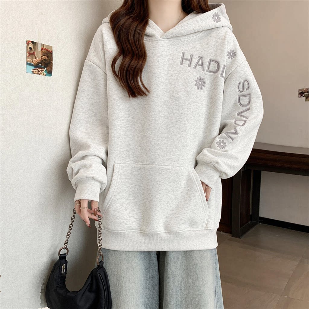 Embroidery Letter N - Hoodie Wanita Warna Solid Bordir Modis