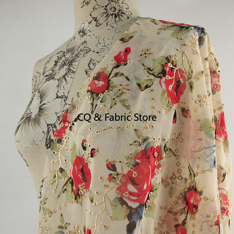 Kain sifon motif bordir mawar  - Embroidery Roses ulasan dan harga