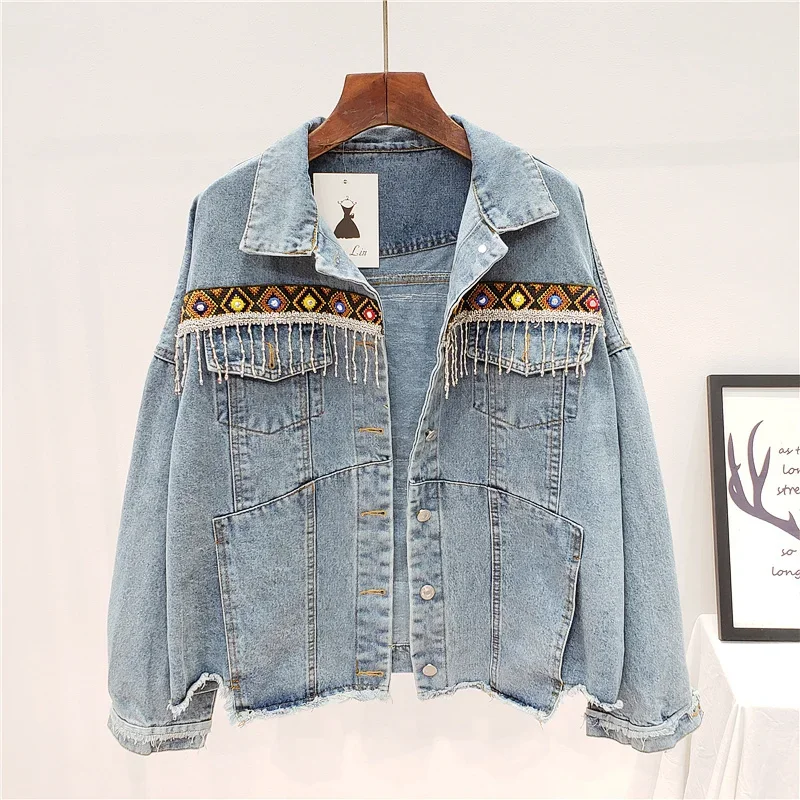 Mantel Jaket Denim Rumbai Bord - Embroidery Jeans ulasan dan harga