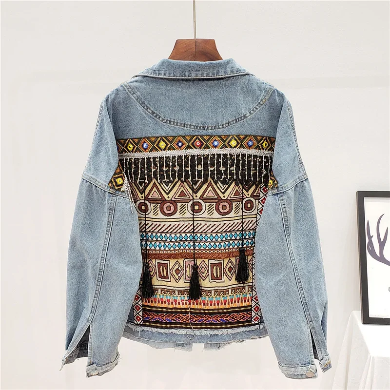 Mantel Jaket Denim Rumbai Bord - Embroidery Jeans ulasan dan harga