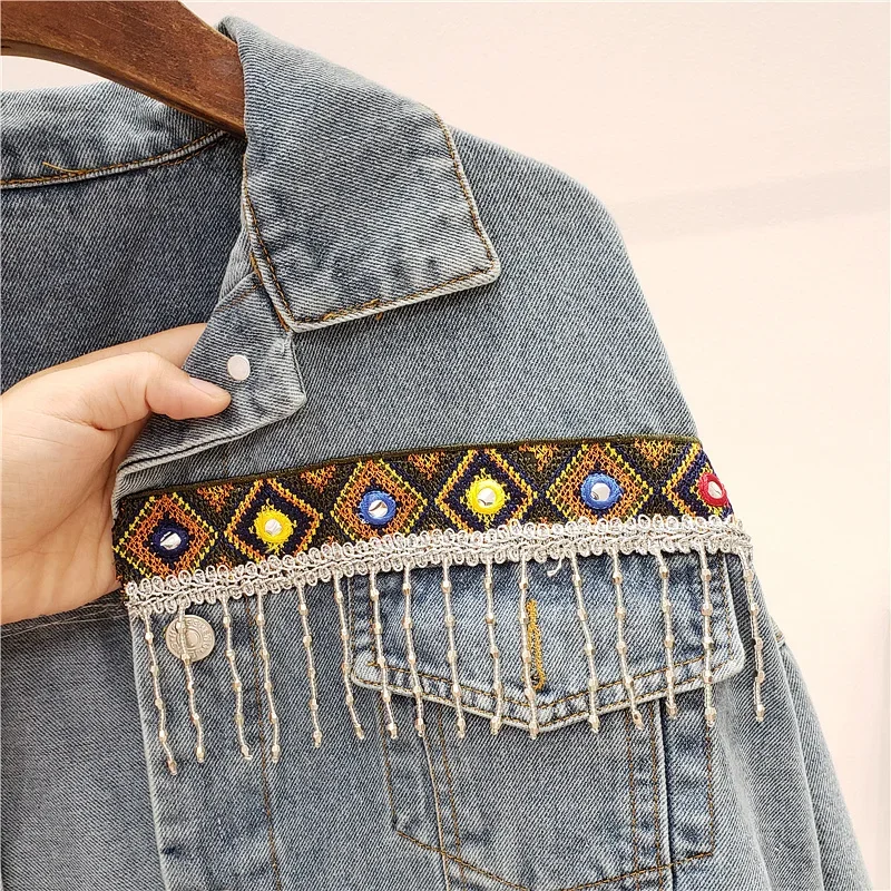 Mantel Jaket Denim Rumbai Bord - Embroidery Jeans ulasan dan harga
