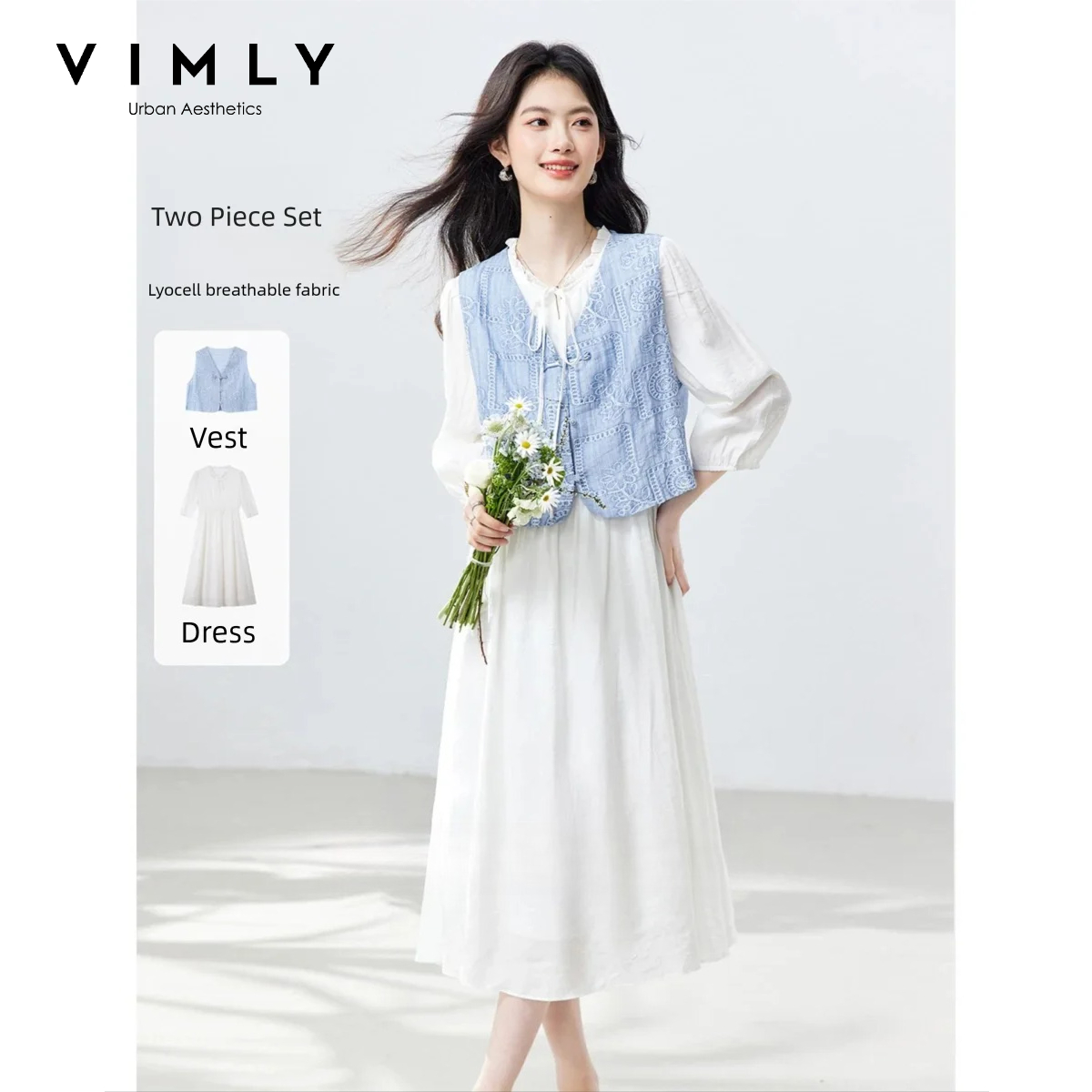 VIMLY Setelan Dua Potong Wanit - Embroidery Vest ulasan dan harga
