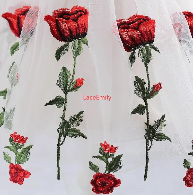 Kain Renda Mawar Merah Bordir  - Embroidery Roses ulasan dan harga