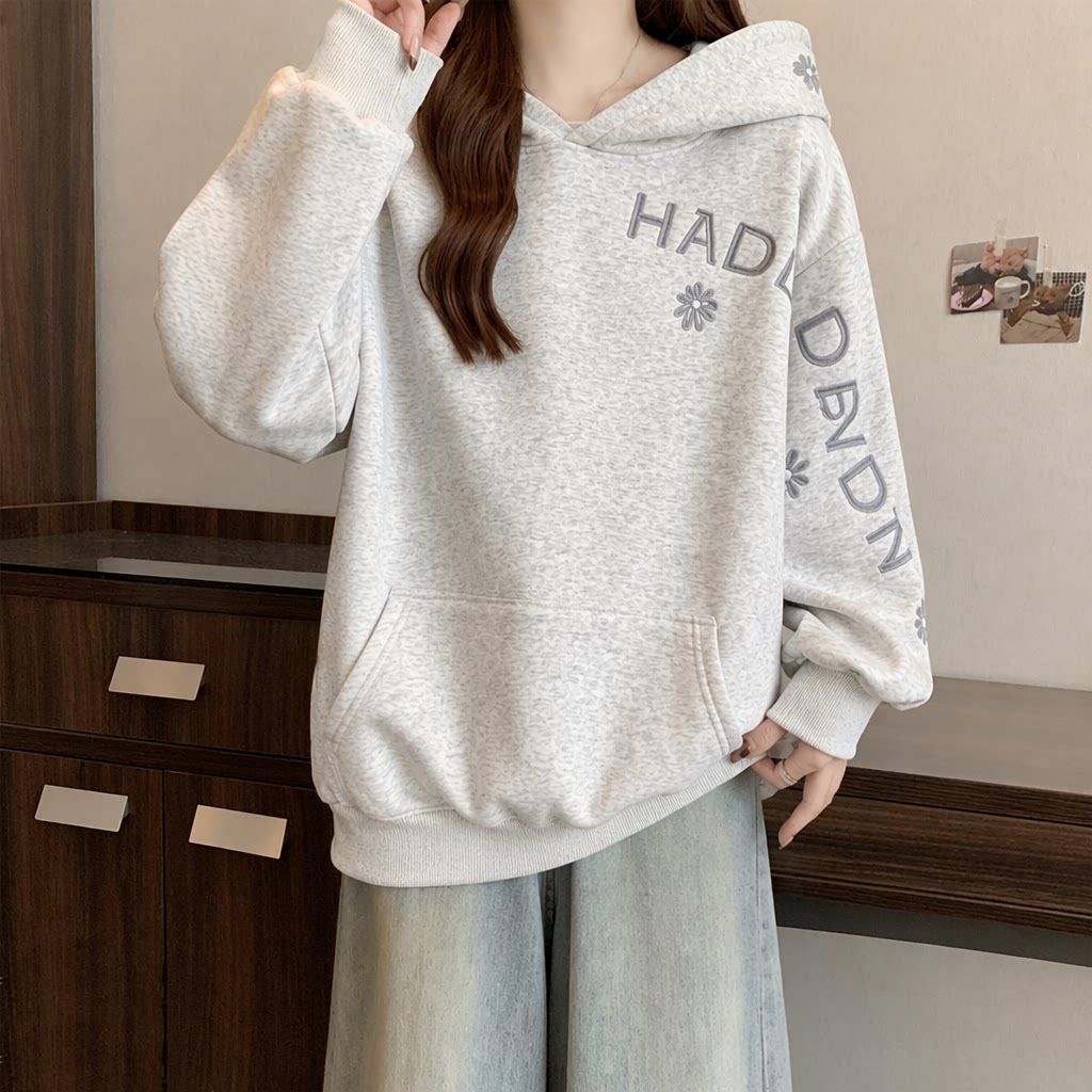 Hoodie Wanita Warna Solid Bord - Embroidery Letter N ulasan dan harga